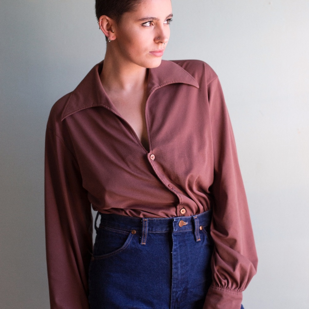 That Vintage 1970's Deep V-Neck Chocolate Shirt - Picture 2 of 8